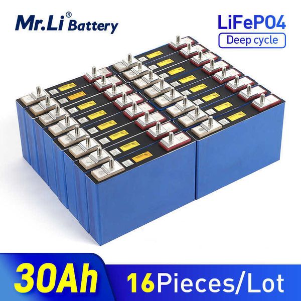 Mr.Li 16 Stück 3,2 V 30 Ah LiFePO4-Batteriezellen, Lithium-Eisenphosphat, tiefe Zyklen für DIY 12 V, 24 V, 36 V, 48 V, Windkraftanlage, Wohnmobil, Auto