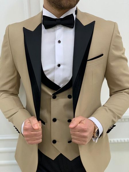 Trajes de hombre guapo chal dorado solapa padrinos de boda novio esmoquin hombres boda graduación cena hombre Blazer (chaqueta pantalones chaleco)