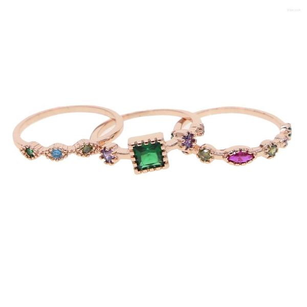 Fedi Nuziali L'anello Di Colore Dell'oro Rosa Imposta Le Dita Delle Donne 3 Pezzi In Un Set Bellissimi Stili Con Rosso Verde Viola Cz