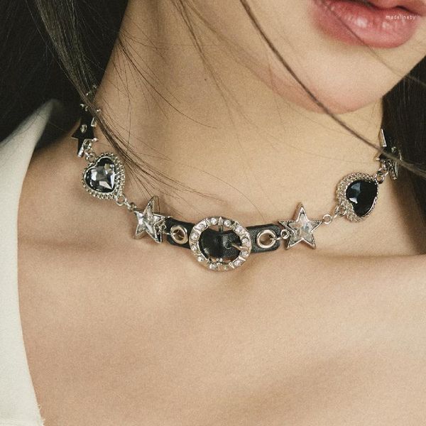 Catene Piccola Folla Nero Amore Farfalla Pentagramma Strass Pelle Collo Catena Zircone Stella Cintura Fibbia Collana Girocollo Donna