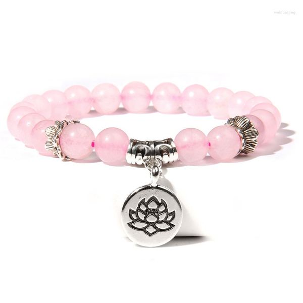 Strand Donna Blu Rosa Verde Opaco Perline in pietra naturale Bracciale con perline Colore argento Braccialetti con ciondoli loto tondo Gioielli per uomo