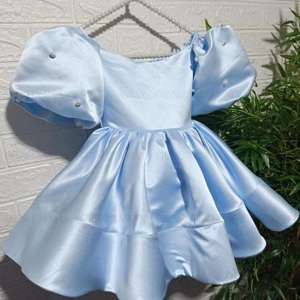 Mädchenkleider Blaue Blume 2023 Perlen Puffärmel Echtbild Hochzeitskleid Satin Knielang A-Linie Prinzessinnenkleider