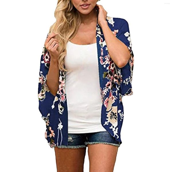 Blusas de mujer Moda para mujer Cárdigan de gasa con estampado floral Cárdigans cortos sin mangas Kimonos de mujer para suéter de verano con botones