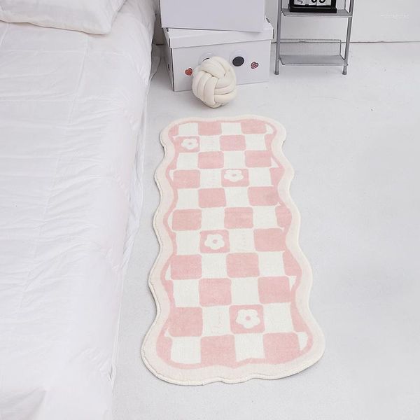 Tapis nordique longues grilles tapis de chevet impression douce rose géométrique vague tapis tapis chambre tapis de sol paillasson esthétique maison chambre décor