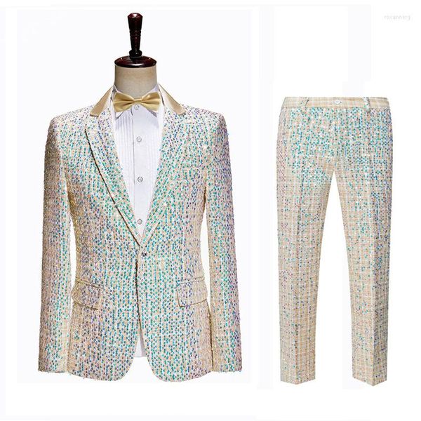 Abiti da uomo Colore champagne Uomo Tweed Paillettes Plaid Matrimonio Business Party Discoteca Costume di scena Smoking da uomo Glitter Blazer Pantaloni{category}