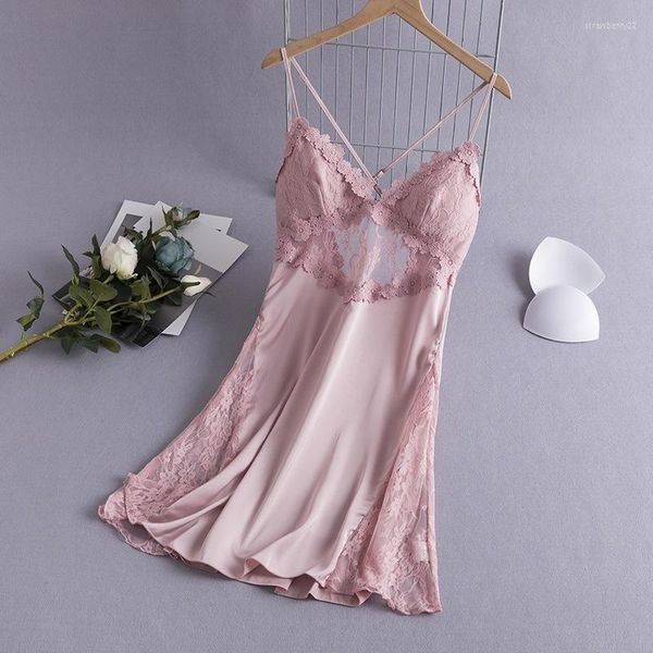 Kadınların Sweetwear Seksi iç çamaşırı içi boş uyku elbisesi v Boyun Arka Gece Kadınlar Pembe Satin Dantelli Sling Nightgowns