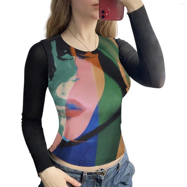T-shirt da donna Estate Autunno Donna Pullover attillato Ritratto a colori variegato Motivo stampato Colletto tondo Slim Crop Top S / M / L