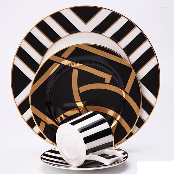 Geschirr-Sets, 4-teilig, modernes schwarzes Design, Keramik-Bone China, Abendessen und Geschenk: Kaffeetasse, Untertasse mit Teller