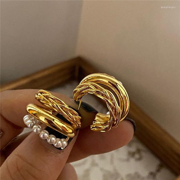 Creolen 2023 Vintage Perle Triple C Form Geometrisch Für Frauen Persönlichkeit Metallic Gold Farbe Schmuck Ohrringe