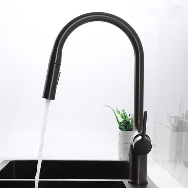 Rubinetti da cucina Rubinetto per lavello ad arco alto in ottone estraibile Miscelatore spray a rotazione 360 Rubinetti in nichel cromato nero e acqua fredda montati sul ponte