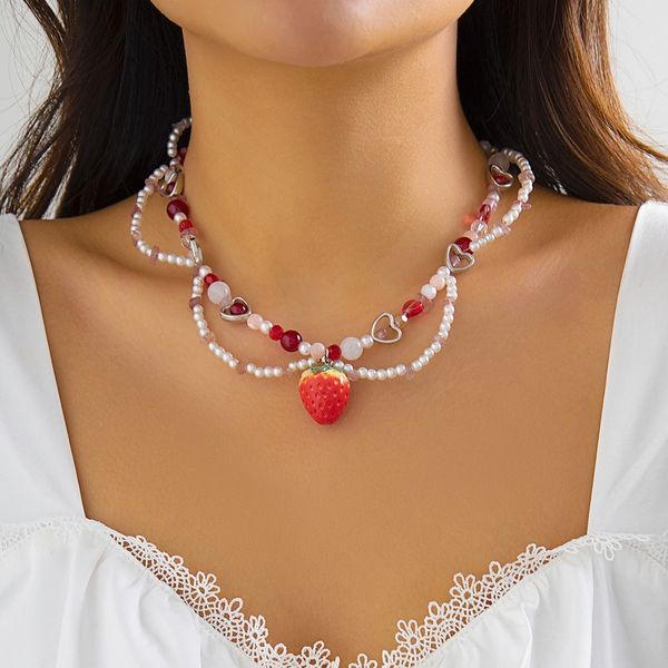 Colar gargantilha de miçangas de cristal da moda bonito imitação de pérola vermelha acrílico pingente de morango colar feminino jóias casamento