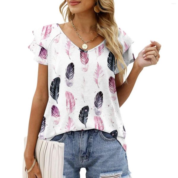 Camisetas Femininas 2023 Moda Verão Camisa Feminina Tie Dye Painting Top Tee Casual Decote em V Plissado Mangas Curtas Feminino