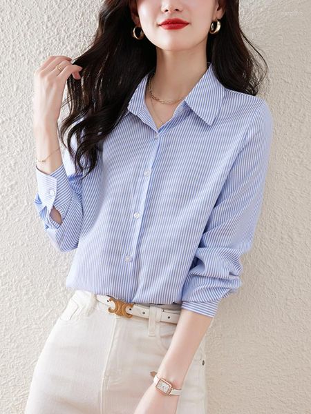 Blusas femininas moda feminina 2023 camisa listrada feminina chiffon sólida manga longa blusa básica feminina tops botão roupas femininas