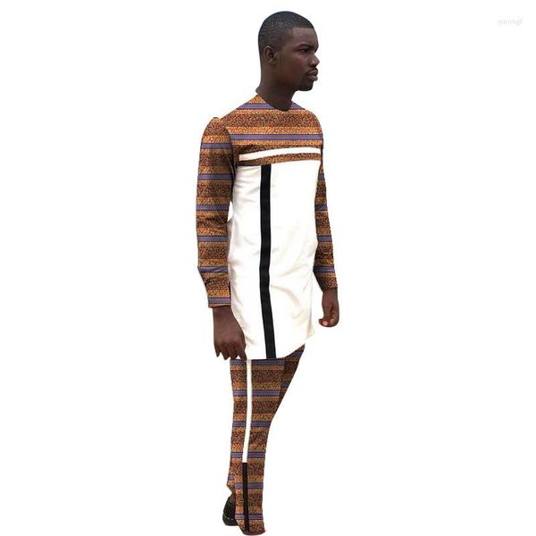 Tute da uomo Nigerian Fashion Black White Stripes Patchwork Set da uomo Camicie con stampa africana Pantaloni Tailor Design Abiti da sposo maschili