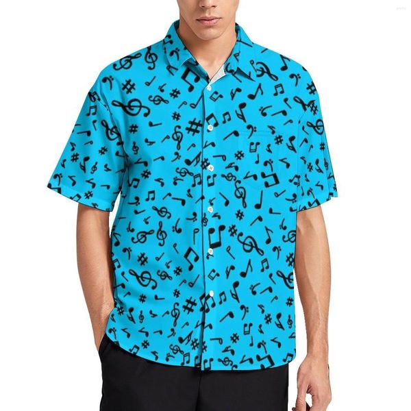Мужские повседневные рубашки музыкальные ноты блузки мужчины синий и черный гавайский графический винтаж с коротким рукава