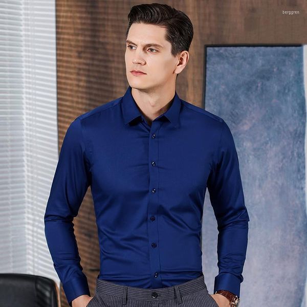 Camisas Casuais Masculinas Camisa de Fibra de Bambu Masculina Manga Comprida Stretch Cor Sólida Respirável Respirável Estilo Inglaterra Homens Vintage