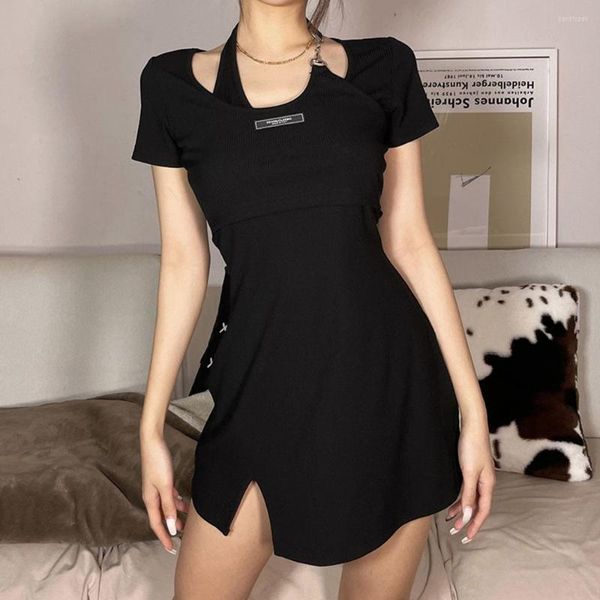 Vestidos Casuais Preto Simples Cadeia Halter Feminino Costura de rua Gola Dupla Camada Rotulagem Viagem Supple Girl Vestido Sexy