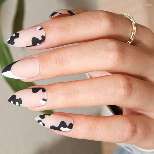 Unhas postiças 24 unidades de comprimento francês amêndoa falsa preto branco vaca impressão leopardo cobertura completa pontas de unhas destacáveis