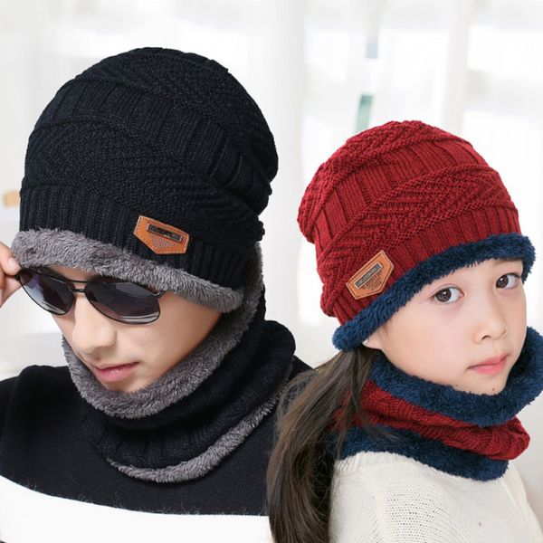 Kış Beanie Eşarp 2 Arada 1 Set Ebeveyn-Çocuk Şapkası Sıcak Polar Yumuşak Kafatası Kapağı Kulak Şapkaları Açık UNISEX Örme Şapka
