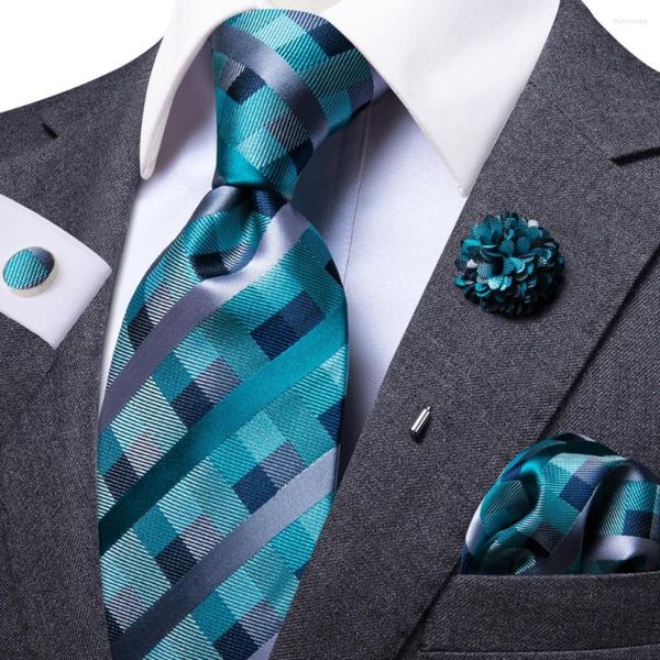 Bow Ties Erkek Kravat Lüks 8.5cm genişliğinde Mavi İpek Düğün Kravat Cep Kare Kufflink Set Broş Hediyesi Erkekler Hi-Tie Designer