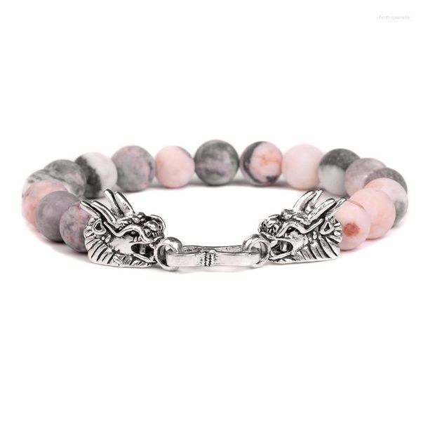 Strand Natural Pink Zebra Stone Bracelets For Women Men Fengshui Dragon Clasp Bracelet Tiger Eye Lava Bangles Good Lucky Charm Jewelry