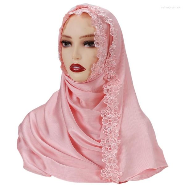 Cachecóis Eid Muçulmano Feminino Simples Hijab Cetim Cachecol Longo Com Renda Islã Feminino Xale Sólido Turbante Lenço de Cabeça para Festa 2023