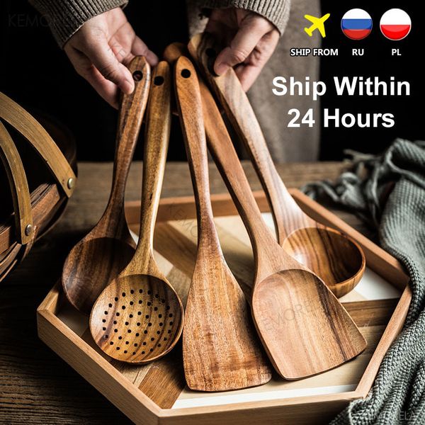 Herb Spice Tools Tailândia Teca Madeira Natural Talheres Colher Turner Long Rice Colander Soup Skimmer Colheres Cooking Tool Set 230609