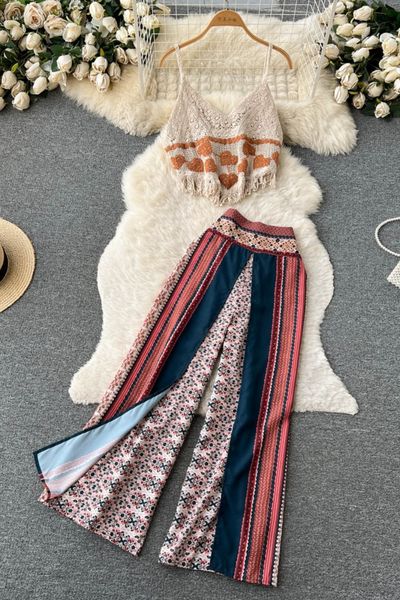 Conjunto de duas peças vestido de duas peças estilo étnico boêmio 2023 sutiã com borla + estampado calça de perna larga chiffon praia