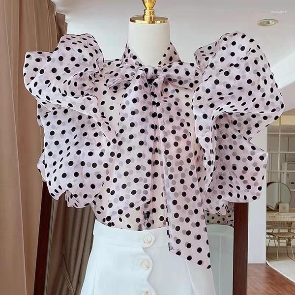 Blusas Femininas Court Top Crop Top Vintage Perspective Organza Polka Dot Blusas Laço Lanterna Manga Curta Blusa Mujer Sexy Blusa Preta