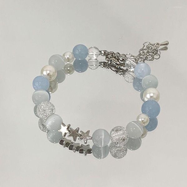 Strand Trendy Perles Bleues Réfléchissantes Étoile Pentagramme Bracelet Pour Femmes Doux Romantique Esthétique Accessoires Bijoux De Mode Coréenne