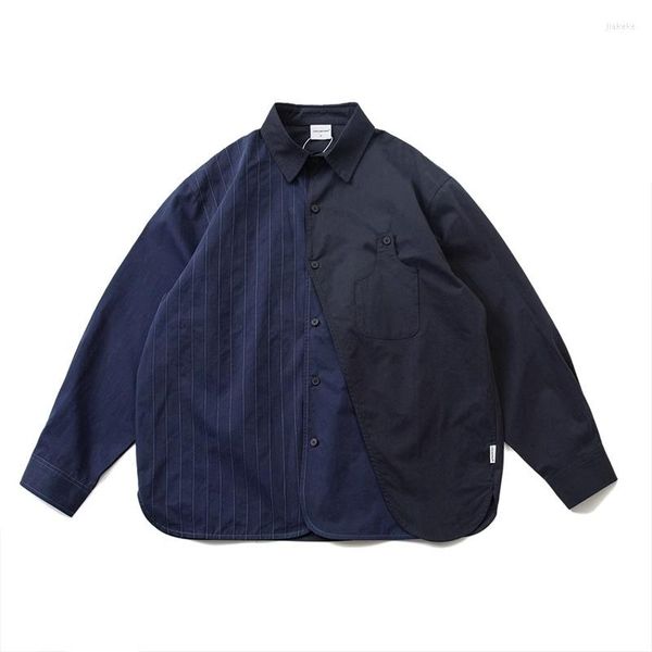 Camisas Casuais Masculinas Japonês Estilo Solto Falso Duas Peças Costuradas Jaqueta Homens e Mulheres Manga Longa Casaco de Algodão Marinho