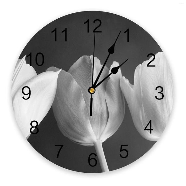 Relógios de parede Flor Tulipa Preto e Branco Decoração de Casa Moderna Cozinha Sala Quarto Relógio Vivo