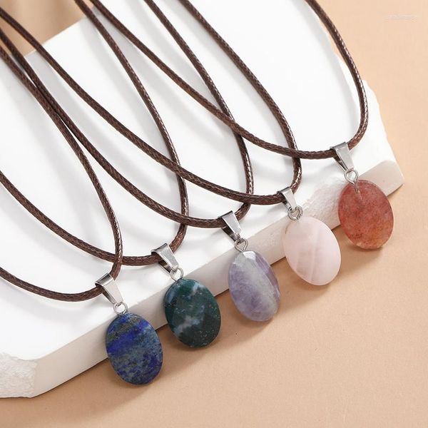 Anhänger Halsketten Böhmen Raute Oberfläche Kristall Opal Naturstein Ellipse Halskette Für Frauen Braun Leder Seil Kette Schmuck