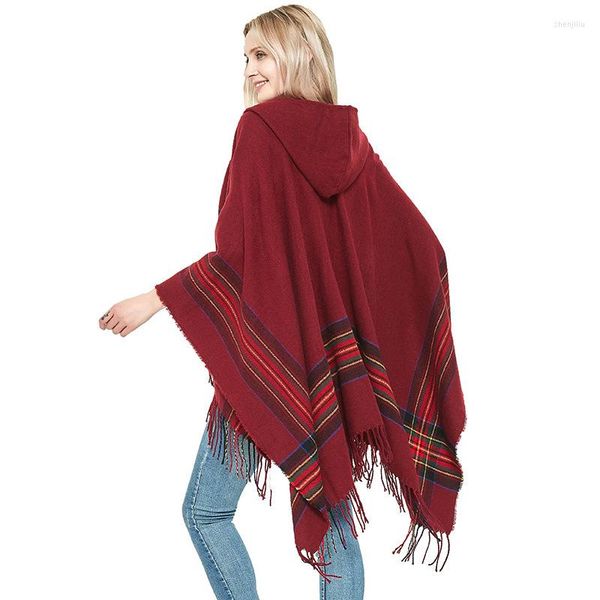 Schals 2023 Winter Wolle Poncho Frauen Kaschmir Schals Vintage Gestreiften Ponchos Plaid Quaste Pashmina Warme Knited Pullover