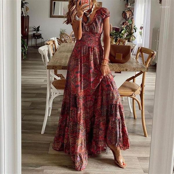 Vestidos Casuais Boho Maci Vestido Decote em V Manga Voadora Estampado Floral Verão Feminino Longo Elegante Estilo Férias Praia Roupas Femininas