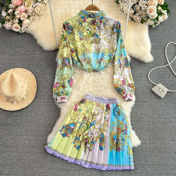 Vestido de duas peças moda feminina camisa estampada de luxo top + minissaia plissada nova primavera verão vintage manga longa botões festa 2 peças conjuntos 2023