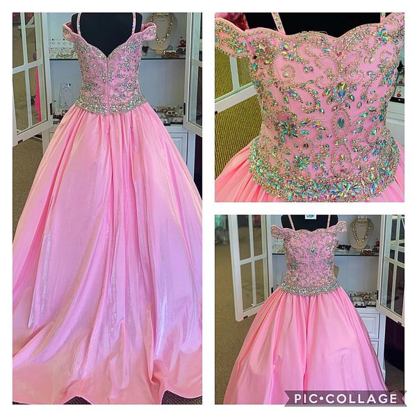 Major Beading Girl Pageant Dress 2024 Pink Taffettà Little Kid Compleanno Abito da festa formale Infant Toddler Teens Preteen Tiny Young Junior Miss Off-Shoulder Strap roise