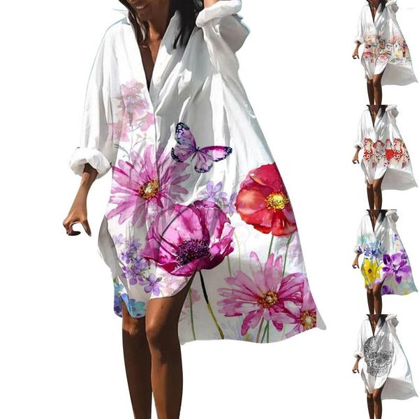 Vestidos casuais femininos verão vestido boêmio impressão camisa para moda floral manga longa praia havaiana capa ups vestidos