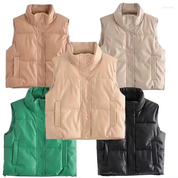 Damenwesten 2023 PU-Leder Mode Stehkragen abgeschnitten Weste Puffweste für Frauen Casual ärmellose Jacken Chic Lady Winter Warm