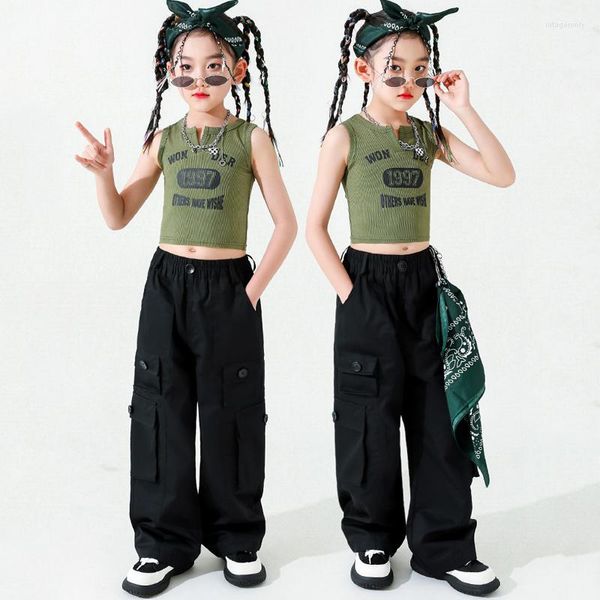 Sahne Giyim Kızlar Modern Caz Dans Kostümleri Çocuklar İçin Yeşil Yelek Hiphop Pantolon Çocuklar Hip Hop Dans Dans Giysileri Sokak Giyim DQS13021