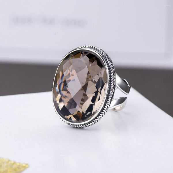 Cluster Ringe 925 Sterling Silber Farbe Eleganter brauner Rauchquarz Kristall Ring für Frauen Dame Hohl Hochzeit Verlobung Schmuck Geschenk