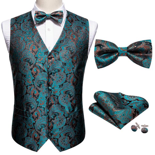 Herrenwesten Mode Teal Floral Seidenweste Weste Herren Anzugweste Schmetterling Taschentuch Manschettenknöpfe Fliege Weste Barry.Wang Business Design 230609