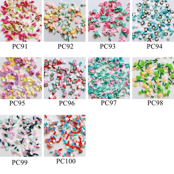 Decorações de arte para unhas 20g/saco Polímero Clay Fatias 1mm de espessura Mix Designs Diferentes Deco Heart Candy Pieces Bandeira Forma de Folha