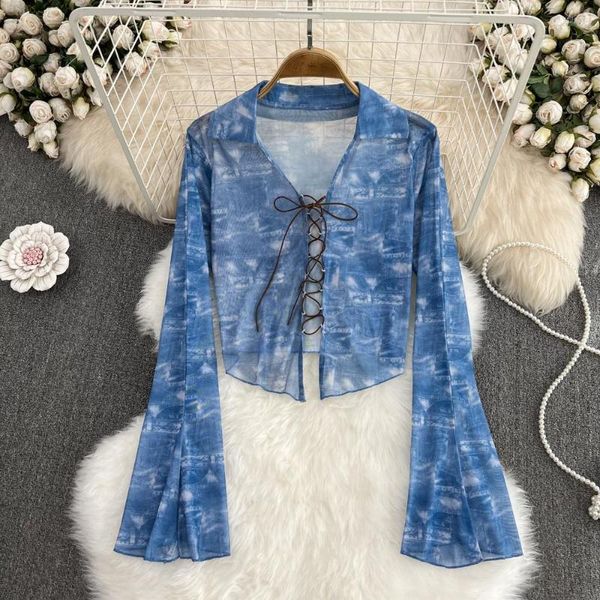 Damenblusen American Retro Spicy Girl Halo Dye Print Lautsprecher Langarm Mesh Shirt Herbst Sexy Lace Up Unregelmäßige Cardigan Top