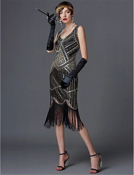 Grundlegende Freizeitkleider SIDAIMI 1920er Jahre Flapper-Kleid Great Gatsby Kleid Rundhalsausschnitt Damen Schwarzes Paillettenkleid Elegantes Kleid Quasten-Partykleid 230609