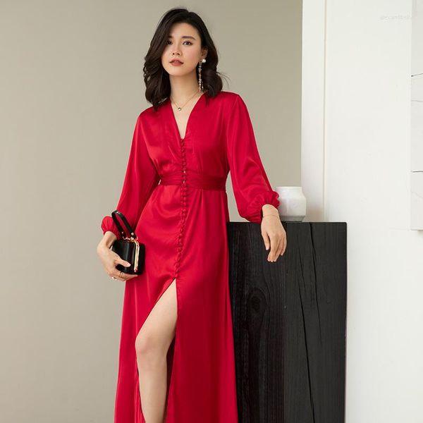 Roupa de Dormir Feminina Borgonha Lady Sexy Hight Dividida Noiva Vestido de Noiva Camisola de Cetim com Decote em V Camisola Underwar Pijamas Soltos Casa