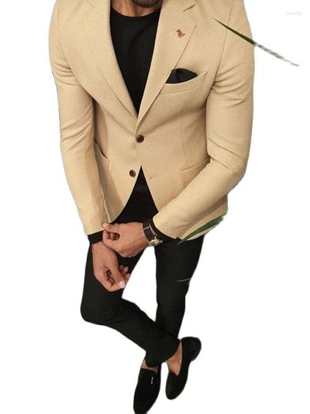 Ternos masculinos, design de moda, masculino, lapela entalhada, casaco champanhe, blazer, terno masculino de negócios, traje de casamento, 2 peças, jaqueta, calça preta