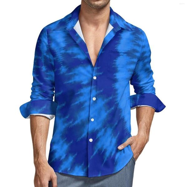 Camicie casual da uomo Camicia retrò tie-dye anni '60 Camicia a maniche lunghe con stampa blu e acqua Camicette divertenti personalizzate Moda primavera Abbigliamento oversize