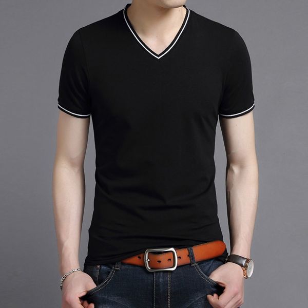 Мужские футболки Coodrony Brand Cotton Tee Tee рубашка V-образное вырезок полосатой футболки с коротки
