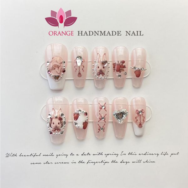 Künstliche Nägel Press on Nails Ballerina Kurz und mittellang Süßes Kaninchen mit Erdbeerdesign Künstliche Nägel mit Kleber Bling Künstliche Nägel 230609